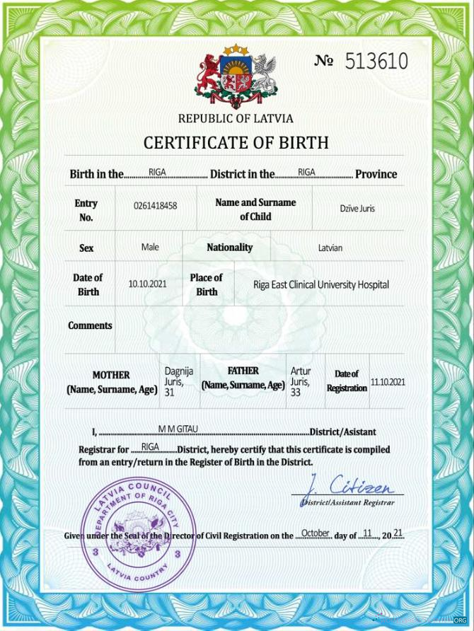 Download Latvia vital record birth certificate PSD template Photoshop template